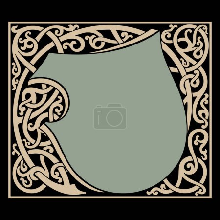 Design im mittelalterlichen Stil. Ritterturnierschild und Rahmen mit mittelalterlichem keltischem Muster, isoliert auf Schwarz, Vektorillustration