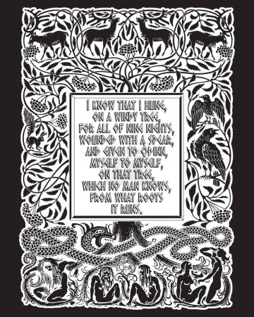 Grabado vintage. El árbol de la vida en la mitología nórdica, animales y humanos, la serpiente y los dichos del dios nórdico Odín, aislados en negro, ilustración vectorial