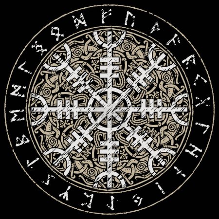 Helm of awe, helm of terror, Icelandic magical staves with scandinavian pattern, Aegishjalmur, isolated on black, vector illustration