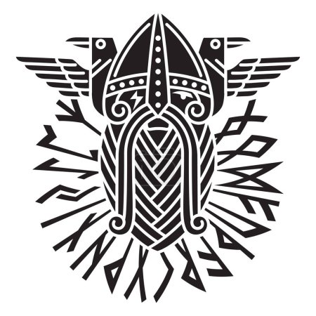 Ilustración de Dios Wotan y dos cuervos en un círculo de runas nórdicas. Ilustración de la mitología nórdica, aislada en blanco, ilustración vectorial - Imagen libre de derechos