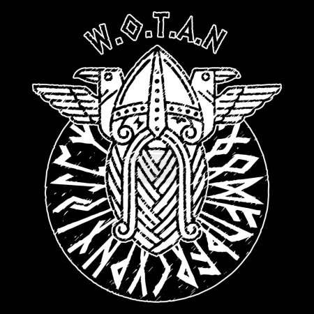 Ilustración de Dios Wotan y dos cuervos en un círculo de runas nórdicas. Ilustración de la mitología nórdica, aislada en negro, ilustración vectorial - Imagen libre de derechos