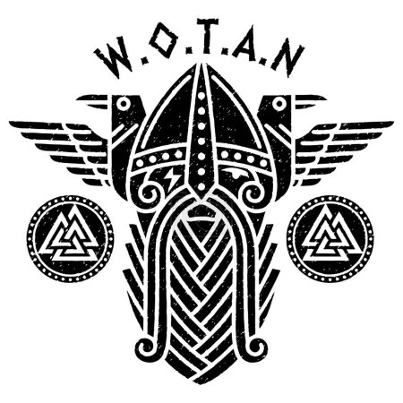 Ilustración de Dios Wotan y dos cuervos en un círculo de runas nórdicas. Ilustración de la mitología nórdica, aislada en blanco, ilustración vectorial - Imagen libre de derechos