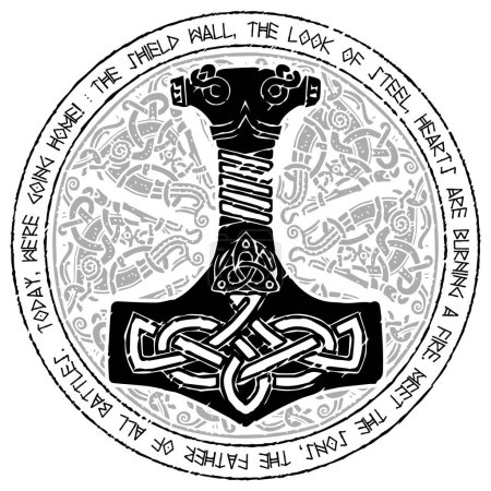 Ilustración de Dios Thor Hammer - Mjollnir. Ornamento escandinavo tradicional redondo y texto rúnico, aislado en blanco, ilustración vectorial - Imagen libre de derechos