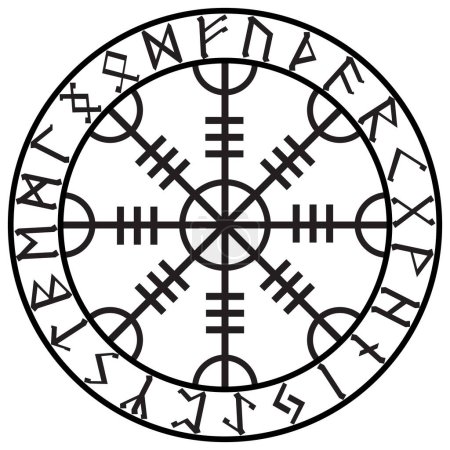 Ilustración de Timón de asombro, timón de terror, bastones mágicos islandeses con runas escandinavas, Aegishjalmur, aislado en blanco, ilustración vectorial - Imagen libre de derechos