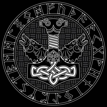 Ilustración de Martillo de Thor - Mjollnir, ornamento runas escandinavas y dos lobos, aislados en blanco, ilustración vectorial - Imagen libre de derechos