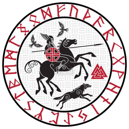 Ilustración de Dios Wotan, montado en un caballo Sleipnir con una lanza y dos cuervos en un círculo de runas nórdicas. Ilustración de la mitología nórdica, aislada en blanco, ilustración vectorial - Imagen libre de derechos