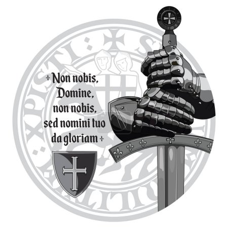 Medieval design. Crusaders knights gloves, sword, Templars seal and the prayer of the Crusader, isolated on white, vector illustration, eps-10
