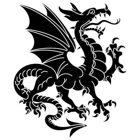 Téléchargez les illustrations : Dragon héraldique ailé, isolé sur blanc, illustration vectorielle - en licence libre de droit