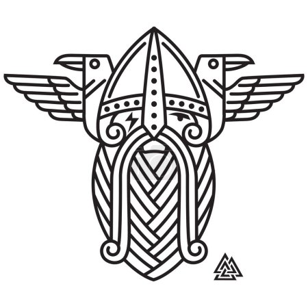 God Odin and two ravens. Illustration of Norse mythology, isolated on white, vector illustration