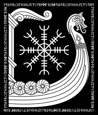 Kriegsschiff der Wikinger. Drakkar, altes skandinavisches Muster und nordische Runen, isoliert auf Schwarz, Vektorillustration