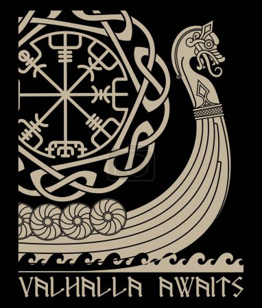 Illustration for Warship of the Vikings. Drakkar, ancient scandinavian pattern and norse runes, isolated on black, vector illustration - Royalty Free Image
