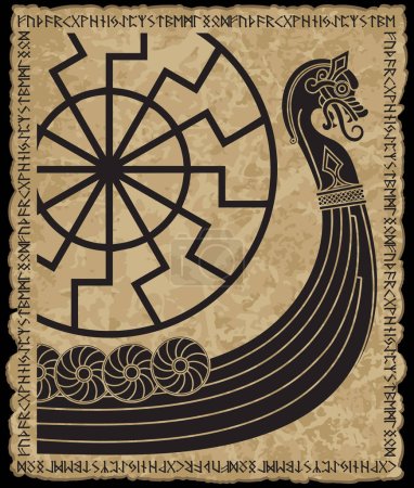 Illustration for Warship of the Vikings. Drakkar, ancient scandinavian pattern and norse runes, isolated on black, vector illustration - Royalty Free Image