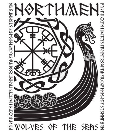 Ilustración de Warship of the Vikings. Drakkar, ancient scandinavian pattern and norse runes, isolated on white, vector illustration - Imagen libre de derechos