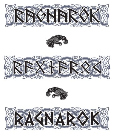 Téléchargez les illustrations : Modèle scandinave et inscription runique. Ragnarok, isolé sur blanc, illustration vectorielle - en licence libre de droit