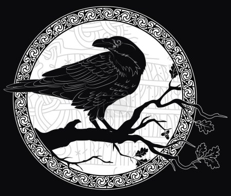 Illustration for Black crow sitting on a branch of an oak tree, and Scandinavian runes, carved into stone, isolated on black, vector illustration - Royalty Free Image