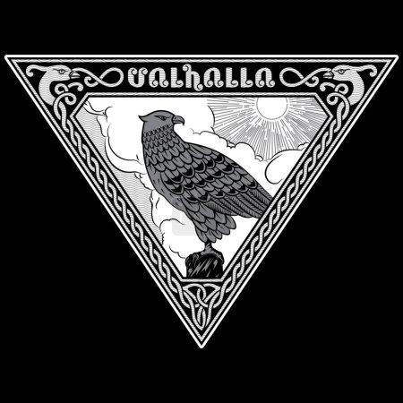 Illustration for Viking, Scandinavian design. Image of an eagle in vintage retro style, Celtic Scandinavian pattern in the form of birds and the inscription Valhalla, isolated on black, vector illustration - Royalty Free Image