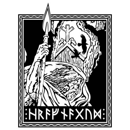 Diseño en estilo nórdico antiguo. Dios Supremo Odín con una lanza y dos cuervos, aislados en negro, ilustración vectorial
