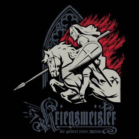 Ilustración de Medieval Knightly Design. Caballero Cruzado en un caballo de guerra con escudo y lanza, aislado en negro, ilustración vectorial - Imagen libre de derechos
