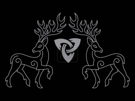Téléchargez les illustrations : Vintage retro illustration. Deer drawn in the ancient Celtic Scandinavian style, isolated on black, vector illustration - en licence libre de droit