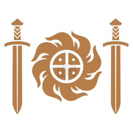 Ilustración de Celtic Scandinavian design. Sun drawn in ethnic vintage style and two Viking swords, isolated on white, vector illustration - Imagen libre de derechos
