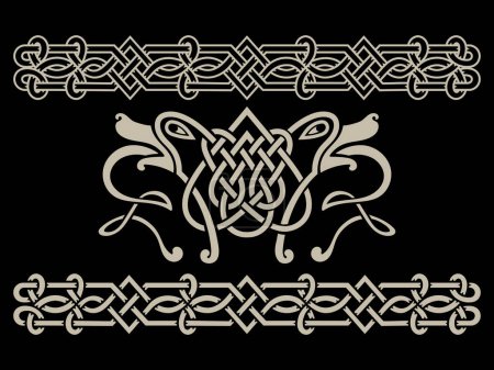 Ancient Celtic, Scandinavian ornament with wolf heads, drawn in vintage retro style, isolated on black, vector illustration