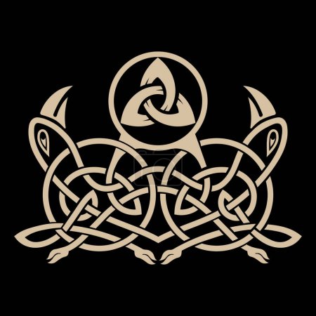 Ancien celtique, ornement scandinave avec des têtes de corbeaux, dessiné dans un style rétro vintage, isolé sur noir, illustration vectorielle