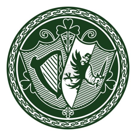 Illustration for Irish Celtic design in vintage, retro style. Irish design with coat of arms of the provinces Connacht and Leinster, isolated on white, vector illustration - Royalty Free Image