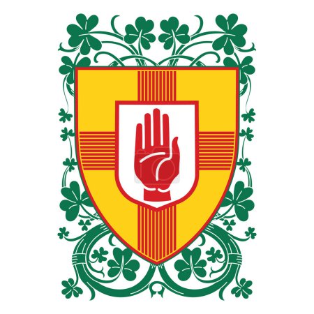 Diseño celta irlandés en estilo vintage, retro. Diseño irlandés con escudo de armas de la provincia del Ulster, aislado en blanco, ilustración vectorial
