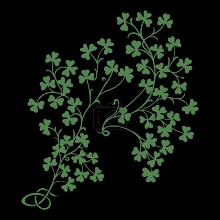 Diseño vintage con hojas de trébol y tallos dibujados a mano en estilo étnico celta irlandés, aislados en negro, ilustración vectorial