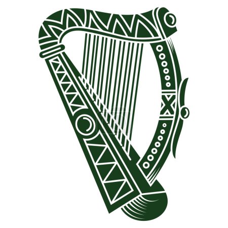Irland-Harfe-Musikinstrument im Vintage-Retro-Stil, Illustration zum Thema der St. Patricks-Feier, isoliert auf Weiß, Vektorillustration