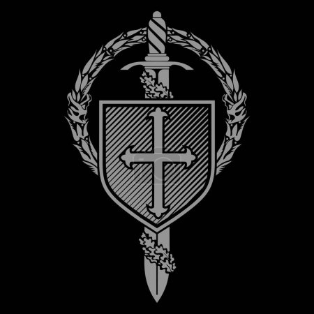 Ritterliches Design. Kreuzritterschild mit Kreuz und Eichenblättern, isoliert auf Schwarz, Vektorillustration