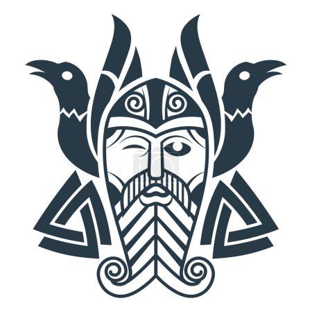 Téléchargez les illustrations : Design dans le vieux style nordique. Dieu Suprême Odin, deux corbeaux et des signes runiques dessinés dans le style celtique-scandinave, isolés sur blanc, illustration vectorielle - en licence libre de droit