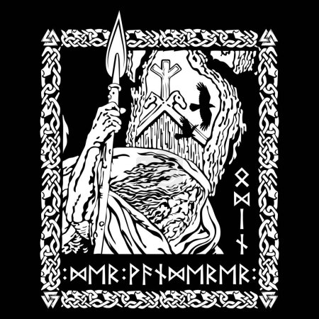 Ilustración de Diseño en estilo nórdico antiguo. Dios Supremo Odín, dos cuervos y signos rúnicos dibujados en el estilo celta-escandinavo, aislados en negro, ilustración vectorial - Imagen libre de derechos