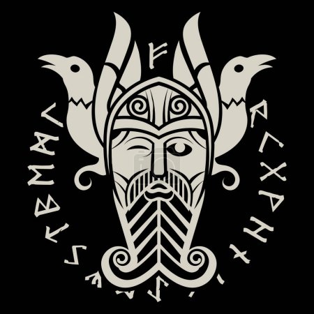 Diseño en estilo nórdico antiguo. Dios Supremo Odín, dos cuervos y signos rúnicos dibujados en el estilo celta-escandinavo, aislados en negro, ilustración vectorial