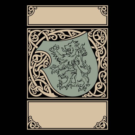 Ilustración de Diseño de estilo medieval. Escudo y marco del torneo de caballeros con un patrón celta medieval, aislado en negro, ilustración vectorial - Imagen libre de derechos