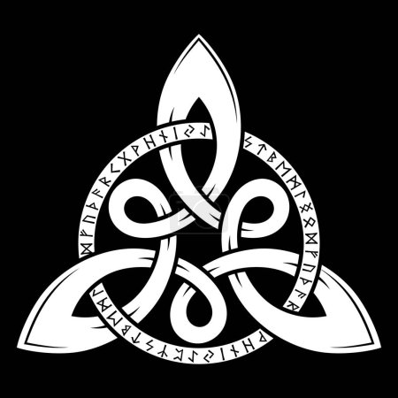 Ilustración de Antiguo diseño escandinavo. Círculo rúnico, futhark dibujado en estilo vintage y patrón celta, aislado en negro, ilustración vectorial - Imagen libre de derechos