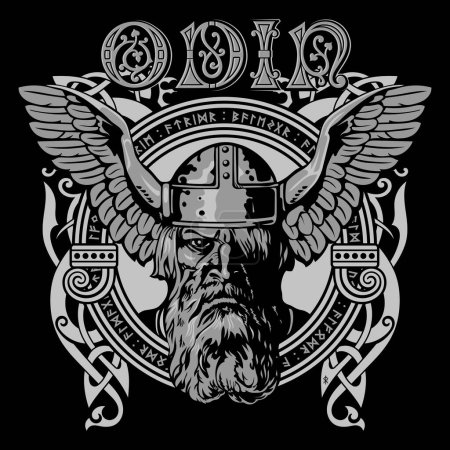 Ilustración de Diseño vikingo escandinavo. Antiguo dios nórdico Odín con un casco con las alas de un águila y un antiguo patrón celta-escandinavo, aislado en negro, ilustración vectorial - Imagen libre de derechos