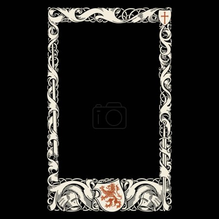 Illustration for Medieval style design. Frame drawn in knightly style with swords, spears, shield, helmet and floral ornaments and ribbons, isolated on black, vector illustration - Royalty Free Image