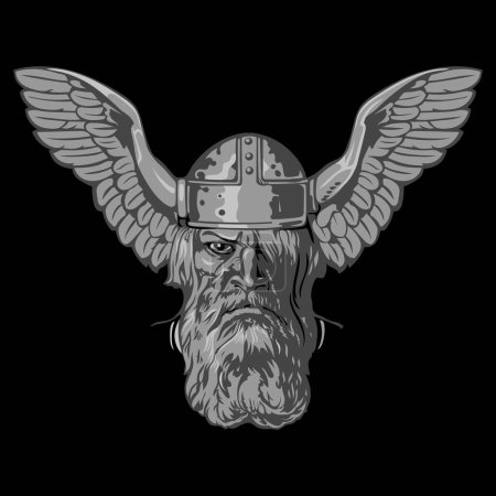 Ilustración de Diseño vikingo escandinavo. Antiguo dios nórdico Odín con un casco con las alas de un águila y un antiguo patrón celta-escandinavo, aislado en negro, ilustración vectorial - Imagen libre de derechos