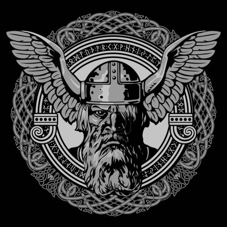 Diseño vikingo escandinavo. Antiguo dios nórdico Odín con un casco con las alas de un águila y un antiguo patrón celta-escandinavo, aislado en negro, ilustración vectorial