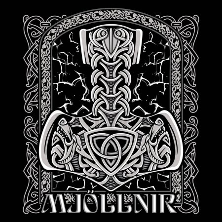 Ancient Scandinavian design. Thors Hammer, Mjolnir, with wolf heads, lightning and a Celtic-Scandinavian pattern, isolated on black, vector illustration