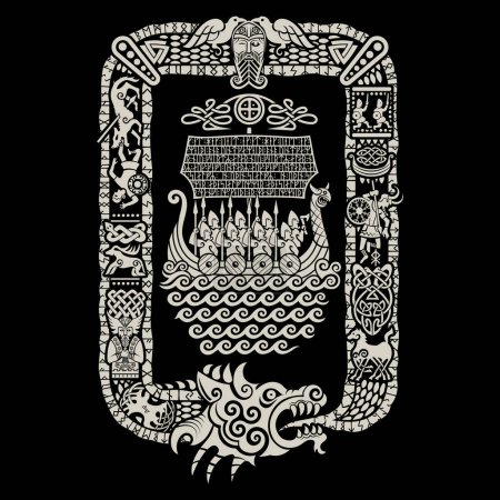 Vintage style design. Viking ship Drakkar with warriors, World Serpent frame with illustrations from Ancient Norse mythology, Ancient Norse pattern, isolated on black, vector illustration