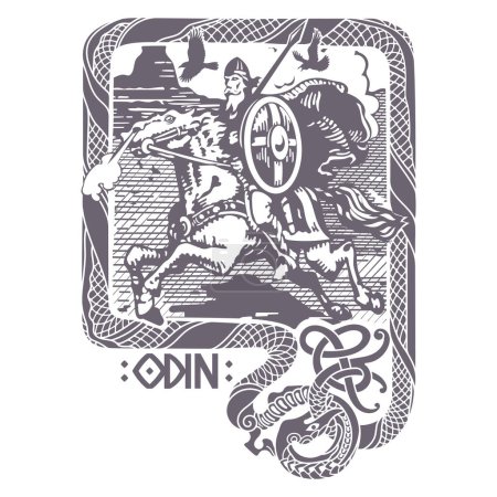 Ilustración de Diseño Vikingo. Antiguo Dios Nórdico Odín en un caballo de guerra con una lanza y un escudo. Adorno celta-escandinavo con serpiente, aislado en blanco, ilustración vectorial - Imagen libre de derechos