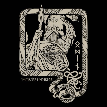 Ilustración de Diseño de inspiración vikinga. Antiguo dios nórdico Odín con una lanza y dos cuervos. Adorno celta-escandinavo con una serpiente, aislado en negro, ilustración vectorial - Imagen libre de derechos