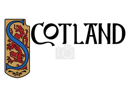Ilustración de Diseño escocés en estilo vintage, retro. León heráldico en escudo e inscripción vintage - Escocia en estilo celta con adorno étnico, aislado en blanco, ilustración vectorial - Imagen libre de derechos