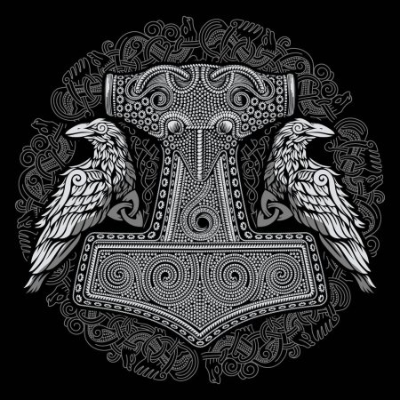 Téléchargez les illustrations : Viking Old Celtic Scandinavian design. Marteau de Dieu Thor, deux corbeaux et motifs celtiques dessinés dans un style rétro vintage, isolé sur noir, illustration vectorielle - en licence libre de droit