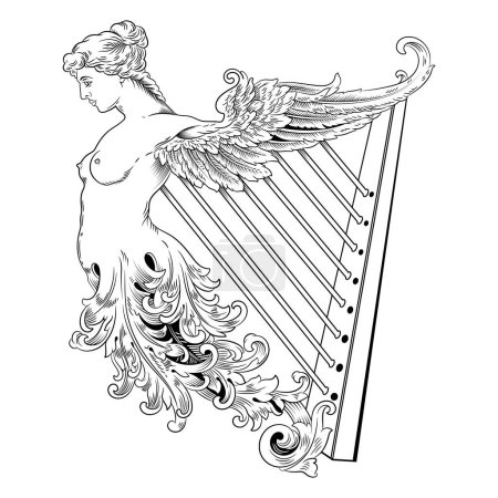 Irish design in vintage, retro style. Harp in the Celtic style with an ethnic ornament in the form of a female figure with wings, isolated on white, vector illustration