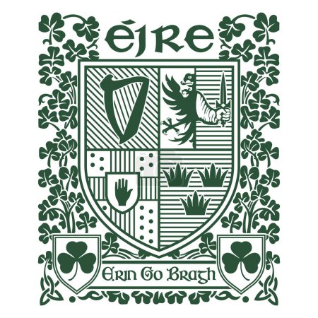Irish Celtic design in vintage, retro style. Irish design with coat of arms of the provinces Connacht, Leinster, Munster and Ulster, isolated on white, vector illustration
