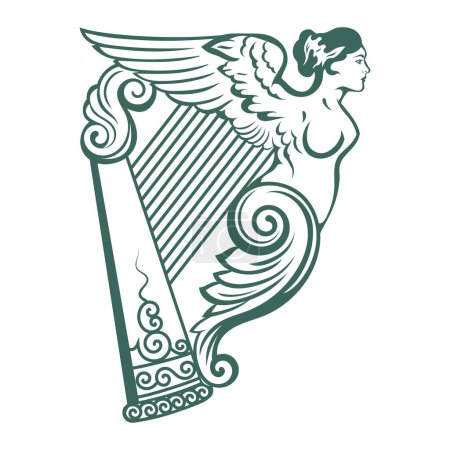 Téléchargez les illustrations : Design irlandais vintage, style rétro. Harpe dans le style celtique avec un ornement ethnique en forme de figure féminine avec des ailes, isolée sur blanc, illustration vectorielle - en licence libre de droit