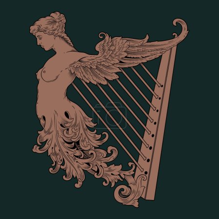Diseño irlandés en estilo vintage, retro. Arpa en el estilo celta con un ornamento étnico en forma de figura femenina con alas, aislado en blanco, ilustración vectorial
